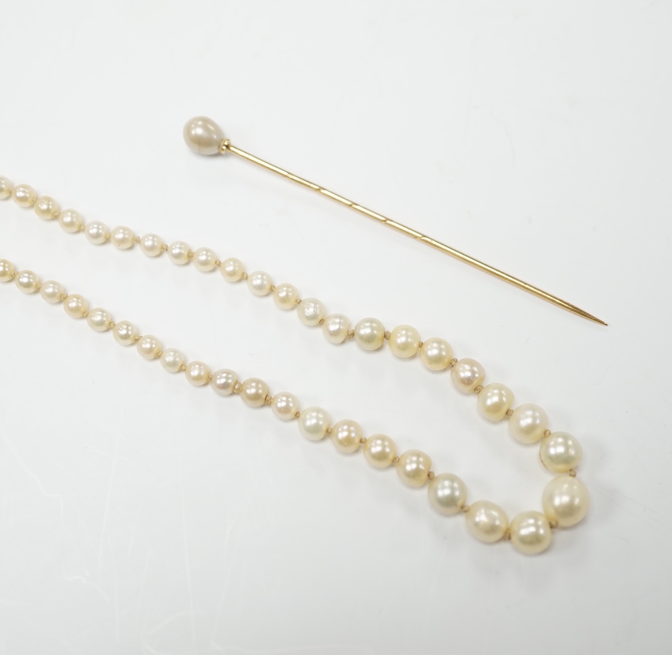 An early 20th century single strand graduated seed pearl necklace, with diamond set white metal clasp, 70cm, together with a cultured pearl set stick pin.
